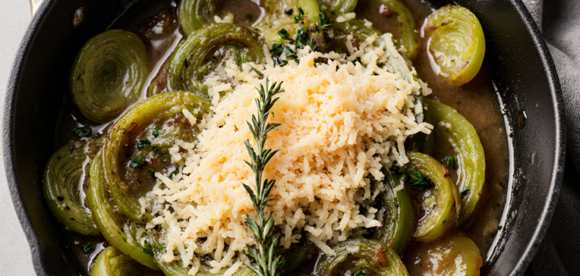 Four-Ingredient Braised Leeks with Thyme and Cheese