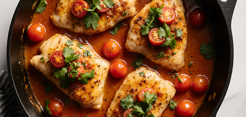 Four-Ingredient Spanish Poached Chicken with Tomato Cilantro Sauce