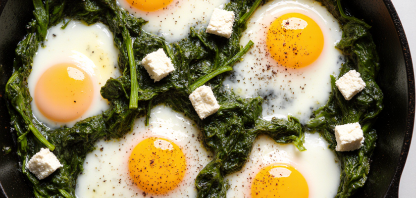 Four-Ingredient Greek Baked Eggs with Spinach and Feta