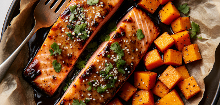 Four-Ingredient Miso Glazed Sweet Potato and Salmon Bowls