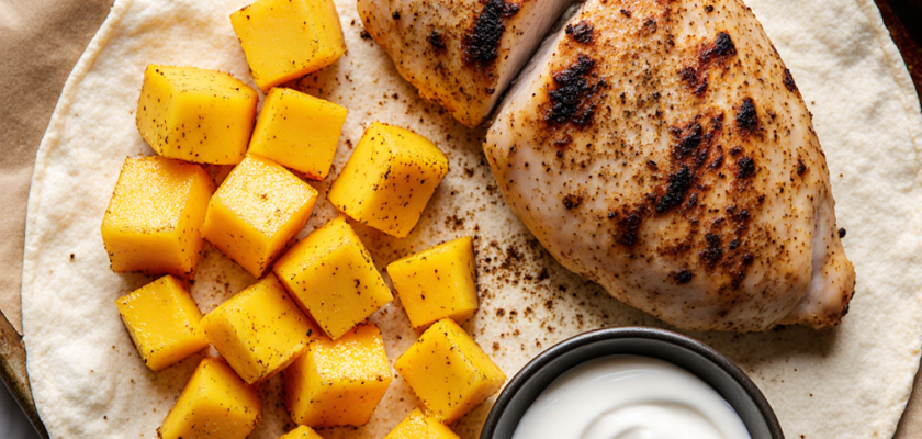 Four-Ingredient Roasted Mango Jerk Chicken Wraps