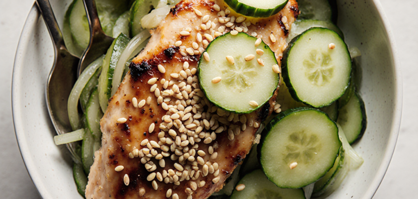 Four-Ingredient Pickled Cucumber Salad with Sesame Chicken