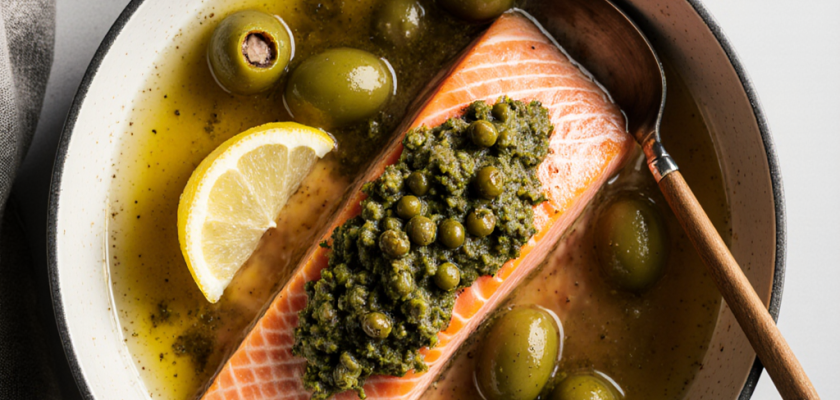 Four-Ingredient Poached Salmon with Olive Tapenade