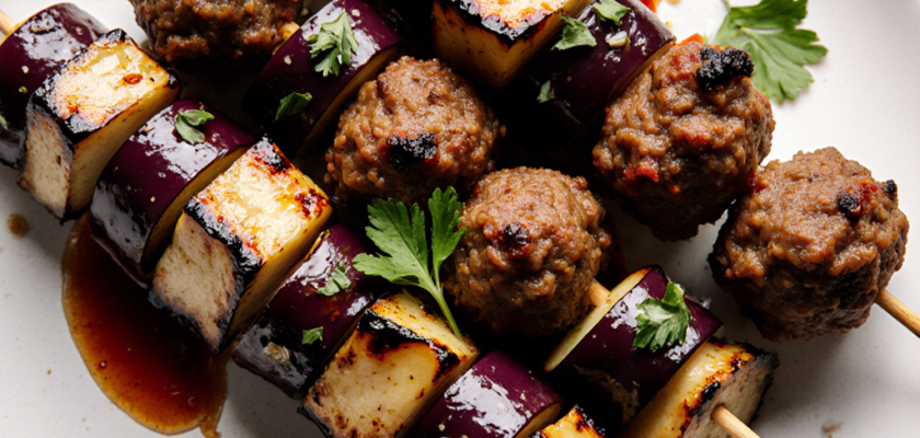 Four-Ingredient Spicy Grilled Eggplant and Lamb Skewers