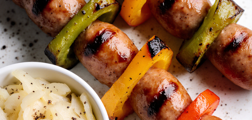 Four-Ingredient Grilled Bratwurst Skewers with Sauerkraut