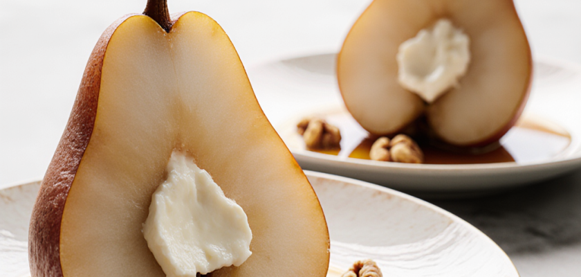 Four-Ingredient Savory Poached Pears with Brie