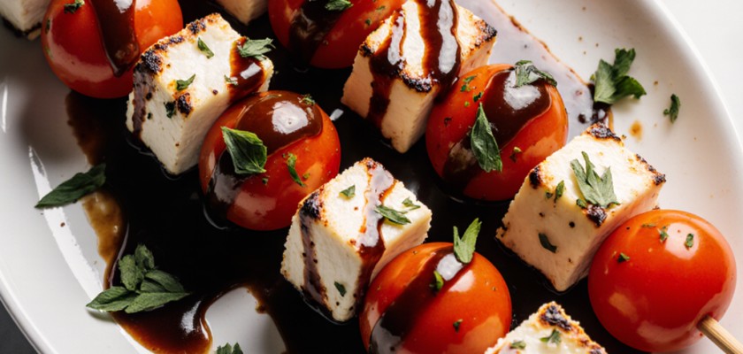 Four-Ingredient Mediterranean Roasted Tomato and Halloumi Skewers
