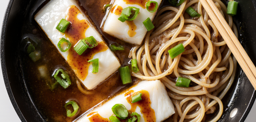 Four-Ingredient Miso Poached Cod with Soba Noodles