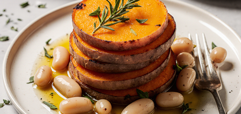 Four-Ingredient Savory Sweet Potato and White Bean Stack