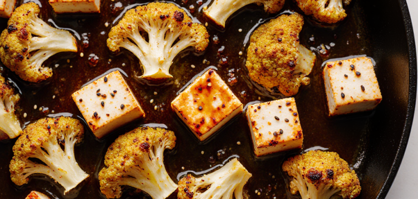 Four-Ingredient Spicy Miso Roasted Cauliflower and Tofu