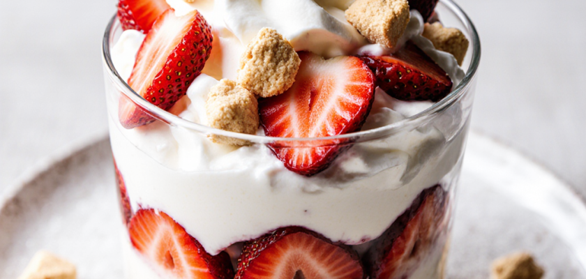 Glass parfait with layers of cream and sliced strawberries, topped with whipped cream and cookie crumbles.