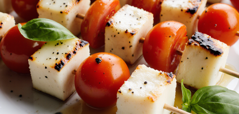 Skewers of grilled cheese cubes and cherry tomatoes on a white plate, garnished with basil and olive oil drizzle.