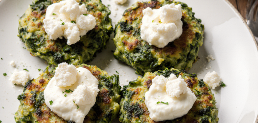 Four spinach and feta patties on a white plate topped with dollops of cream cheese and feta crumbles.