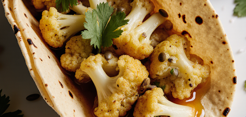 Taco shell filled with roasted cauliflower florets, cilantro, and sauce on a white plate