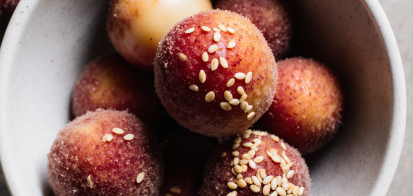 A bowl of sugar-dusted sesame-coated doughnut holes in a gray bowl.